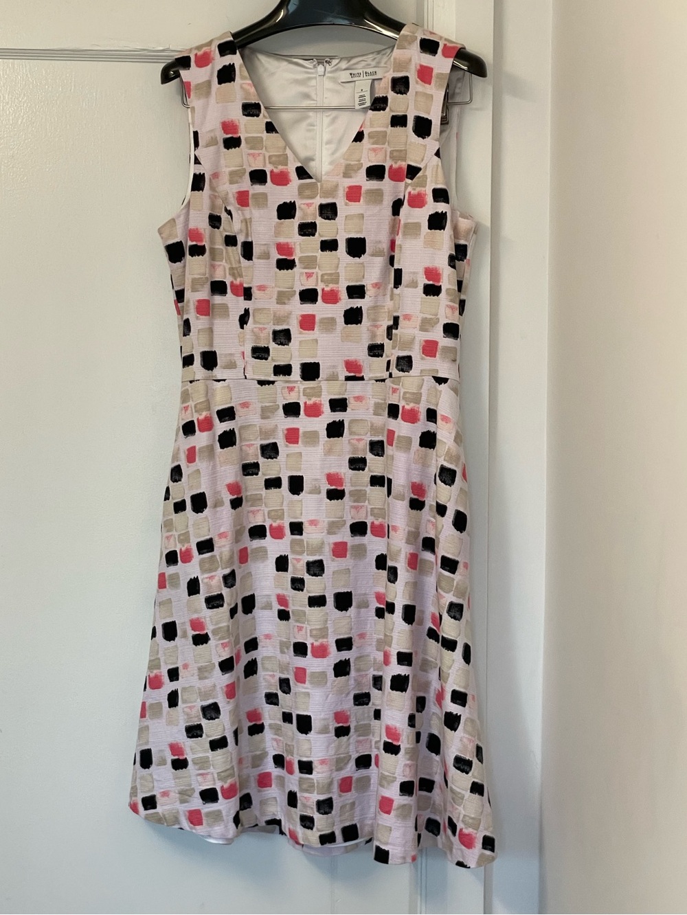 White House Black Market Pink Black and Tan Geometric V-Neck Dress